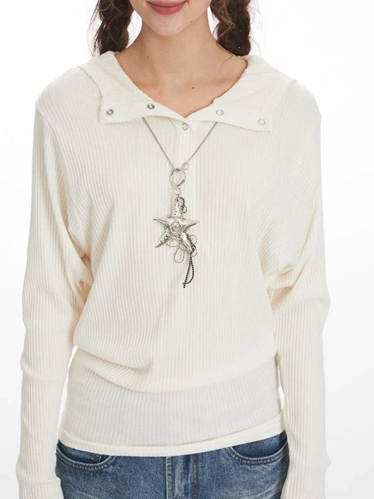 Cream White Ribbed Hooded Henley Top - View 6 | WEUXS