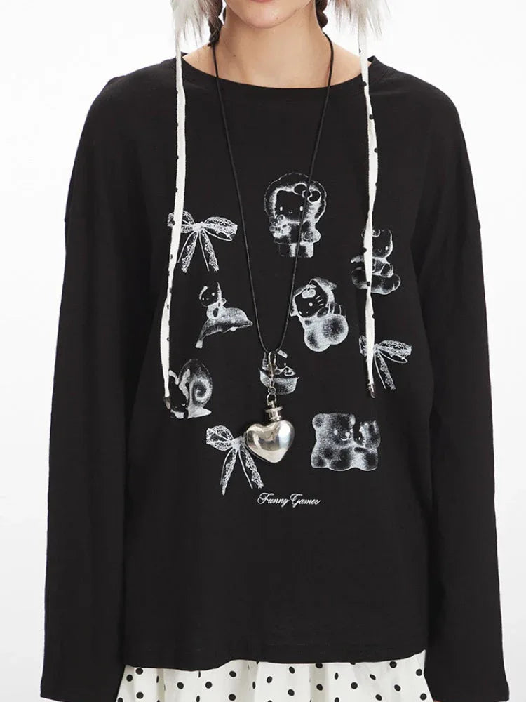 Oversized graphic long sleeve top with teddy bear print - View 6 | WEUXS