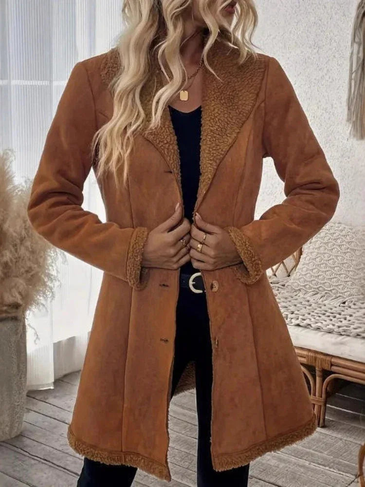Vintage Chic Faux Suede & Shearling Mid-Length Coat - WEUXS