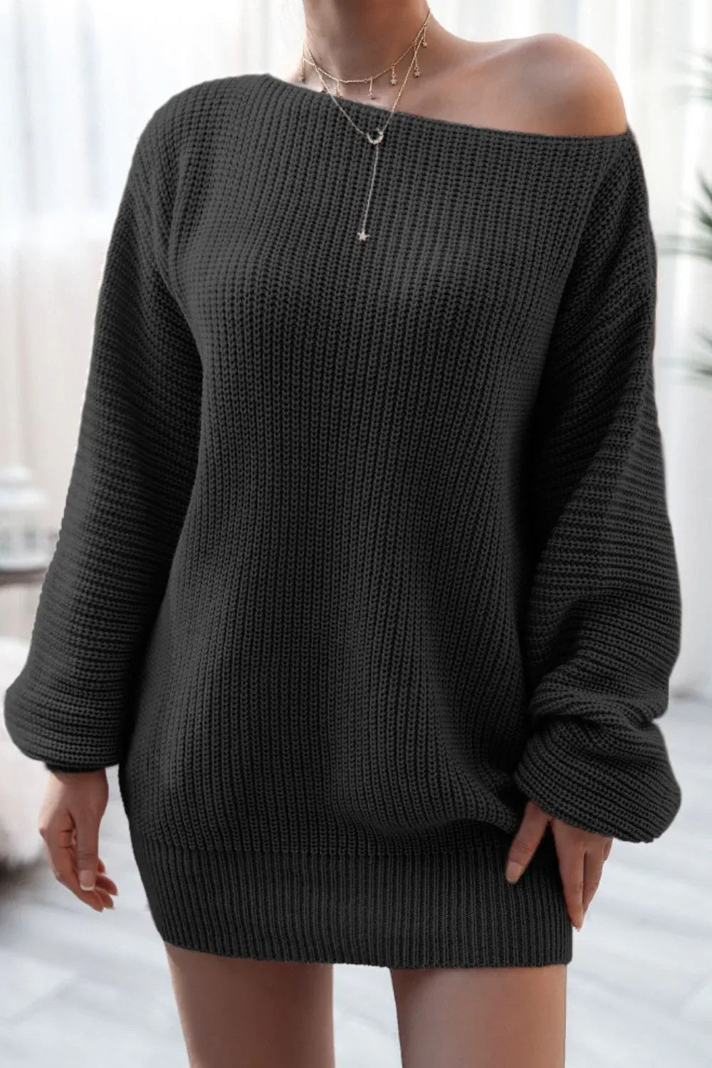 Slouchy Off-Shoulder Ribbed Knit Sweater Dress - WEUXS