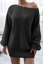 Slouchy Off-Shoulder Ribbed Knit Sweater Dress - WEUXS