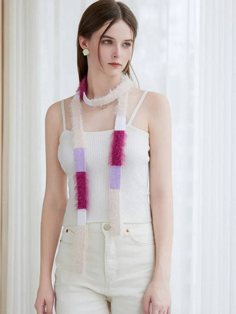 Fuzzy knit skinny scarf with color block pattern - View 9 | WEUXS