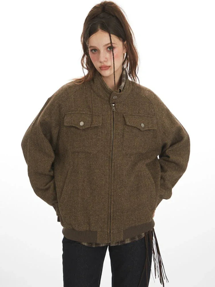 Vintage Herringbone Tweed Zip Jacket with stand collar and chest pockets - View 6 | WEUXS