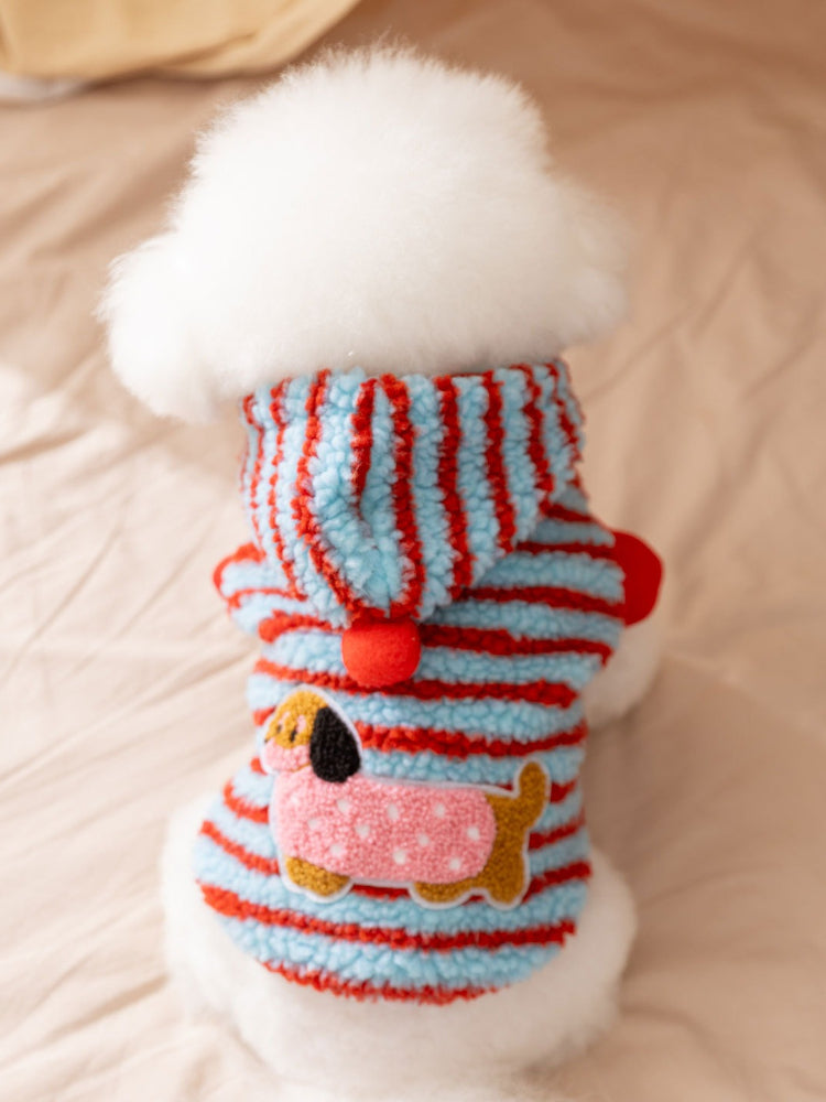 Back view of a dog wearing a blue and red striped hooded dog coat with a dachshund appliqué.