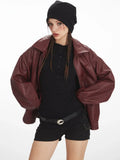 Vintage Burgundy Oversized Faux Leather Bomber Jacket - WEUXS