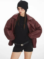 Vintage Burgundy Oversized Faux Leather Bomber Jacket - WEUXS