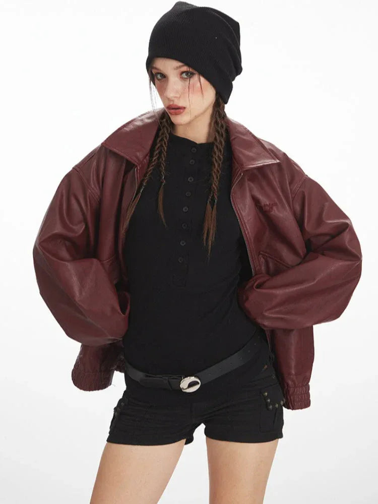 Vintage Burgundy Oversized Faux Leather Bomber Jacket - WEUXS
