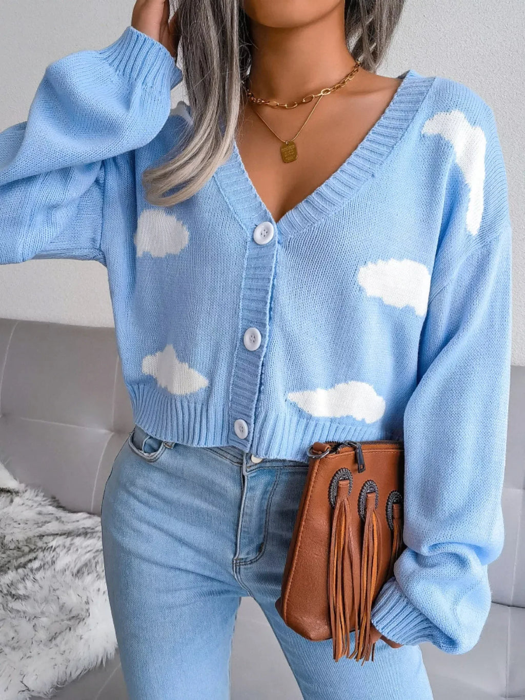 Green cloud print knit cardigan - View 16 | WEUXS