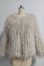 Cream shaggy faux feather jacket on a mannequin