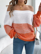 Off-Shoulder Color Block Knit Sweater - View 10 | WEUXS
