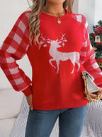 Woman wearing a white and red festive reindeer knit sweater with buffalo plaid raglan sleeves. - View 6 | WEUXS
