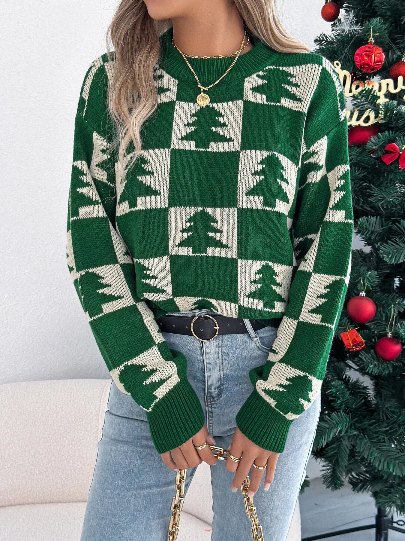 Festive Forest Checkerboard Knit Sweater - View 6 | WEUXS