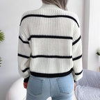 Striped Mock Neck Lantern Sleeve Sweater - WEUXS