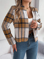 Chic Navy Blue Plaid Cropped Jacket - WEUXS
