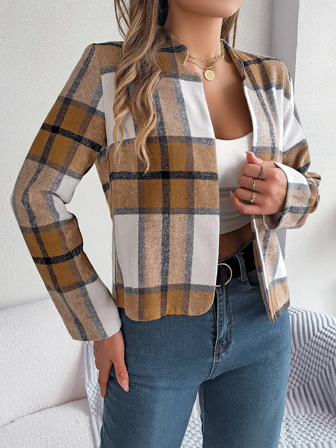 Chic Navy Blue Plaid Cropped Jacket - WEUXS