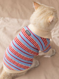 Back view of a cat wearing a blue and red striped knit sweater with a cream collar and HIPPIPET logo patch.