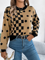 Gray polka dot and checkerboard knit sweater with crew neck and lantern sleeves. - View 18 | WEUXS