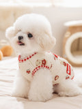 Cream-colored dog vest with teddy bear and floral print, featuring red gingham trim, worn by a white bichon frise.