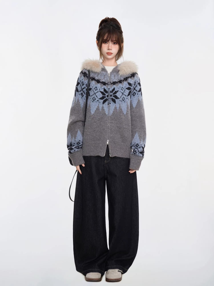Fair Isle Hooded Knit Cardigan