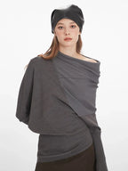 Asymmetric Draped Knit Top in Flower Gray - View 6 | WEUXS