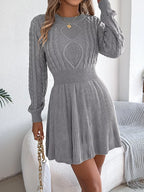 Elegant Cable Knit Lantern Sleeve A-Line Sweater Dress - WEUXS