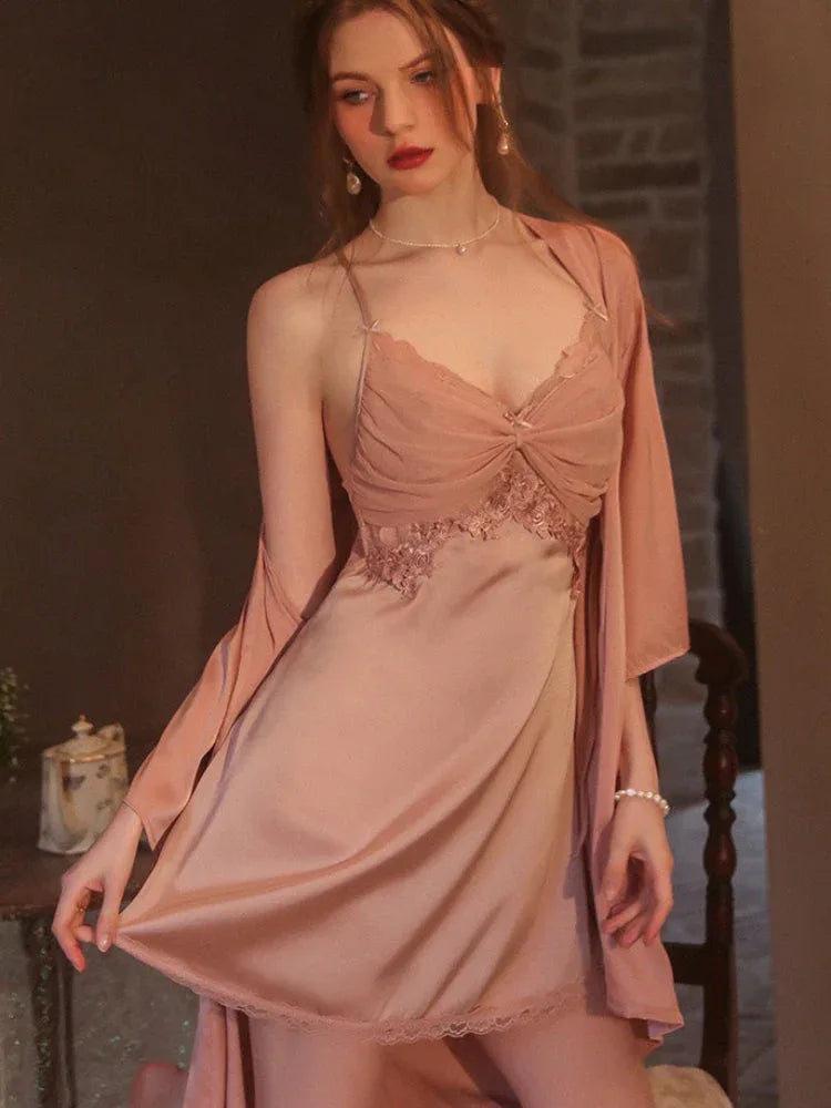 Vintage Cream Satin Lace Robe Set - View 10 | WEUXS