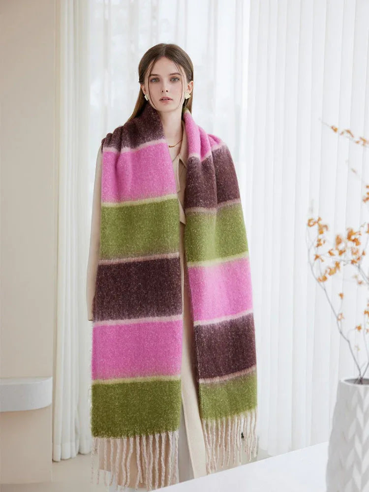woman wearing a multi-colored striped oversized shawl scarf - View 7 | WEUXS
