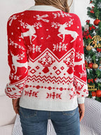 Back view of a woman wearing a red and white festive knit sweater.