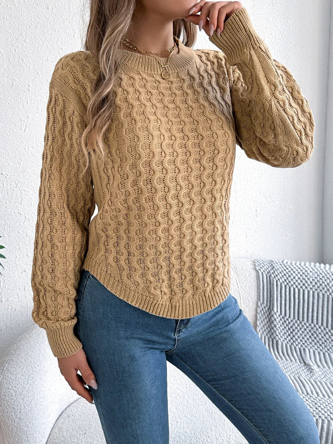 Cable Knit Crew Neck Sweater - View 6 | WEUXS