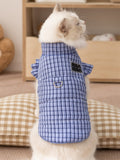 Back view of a cat wearing a blue plaid pet vest with ruffled sleeves and a leash ring.