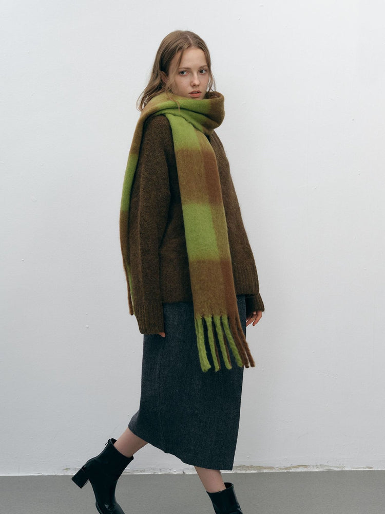 Extra Long Vintage Plaid Scarf with Tassels