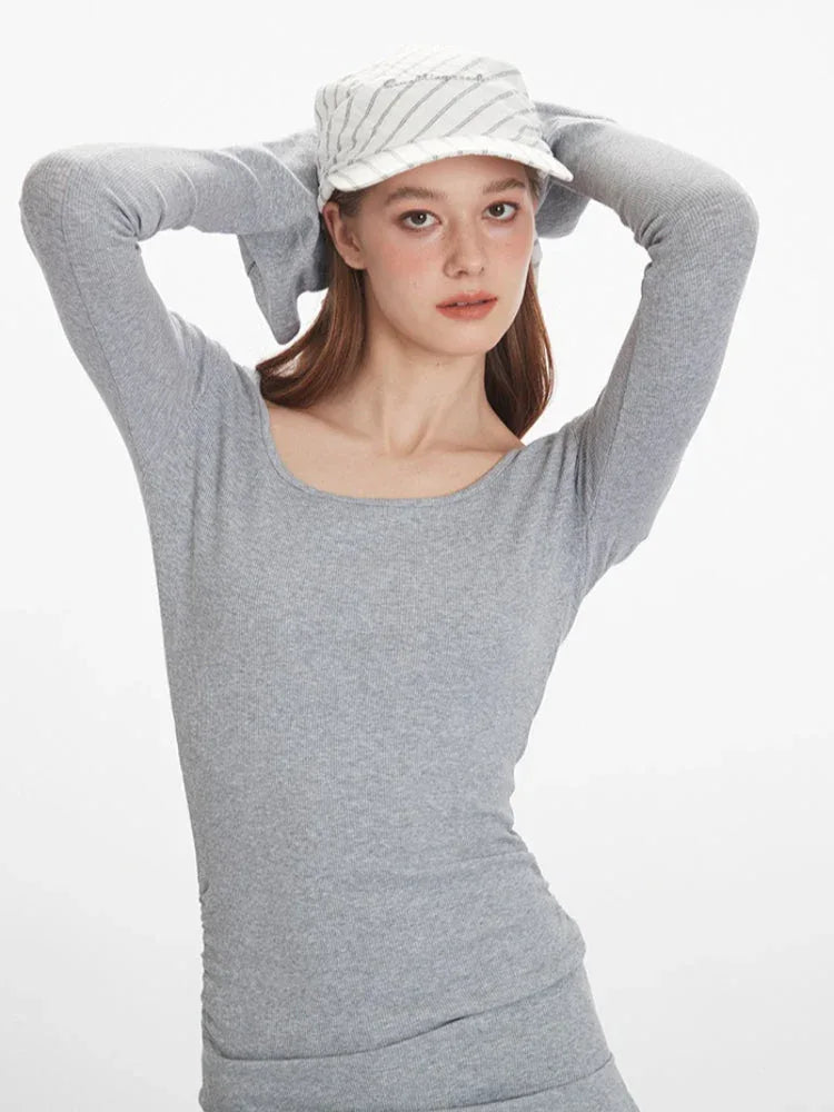 Fitted bell sleeve knit top with ruched side detail and scoop neckline - View 6 | WEUXS
