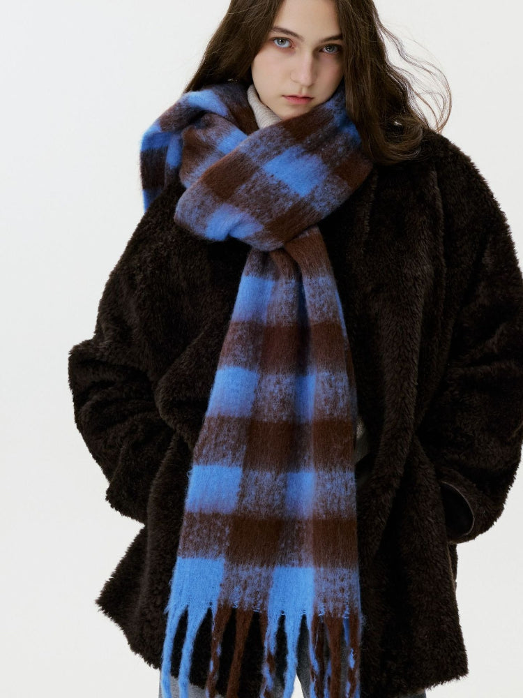 Oversized Checkerboard Faux Mohair Scarf