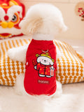 Rear view of a small white dog wearing a red corduroy dog vest with a cartoon dog graphic and 'hipipet' logo.