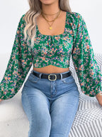 White floral puff sleeve cropped top - View 12 | WEUXS