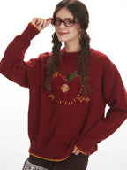 Whimsical Apple & Teddy Bear Pocket Knit Sweater - WEUXS