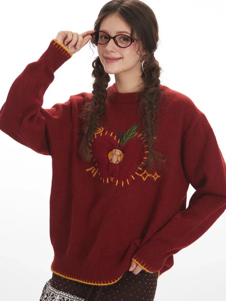 Whimsical Apple & Teddy Bear Pocket Knit Sweater - WEUXS