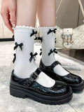 Grey knee-high socks with black satin bows and white pearl embellishments - View 12 | WEUXS