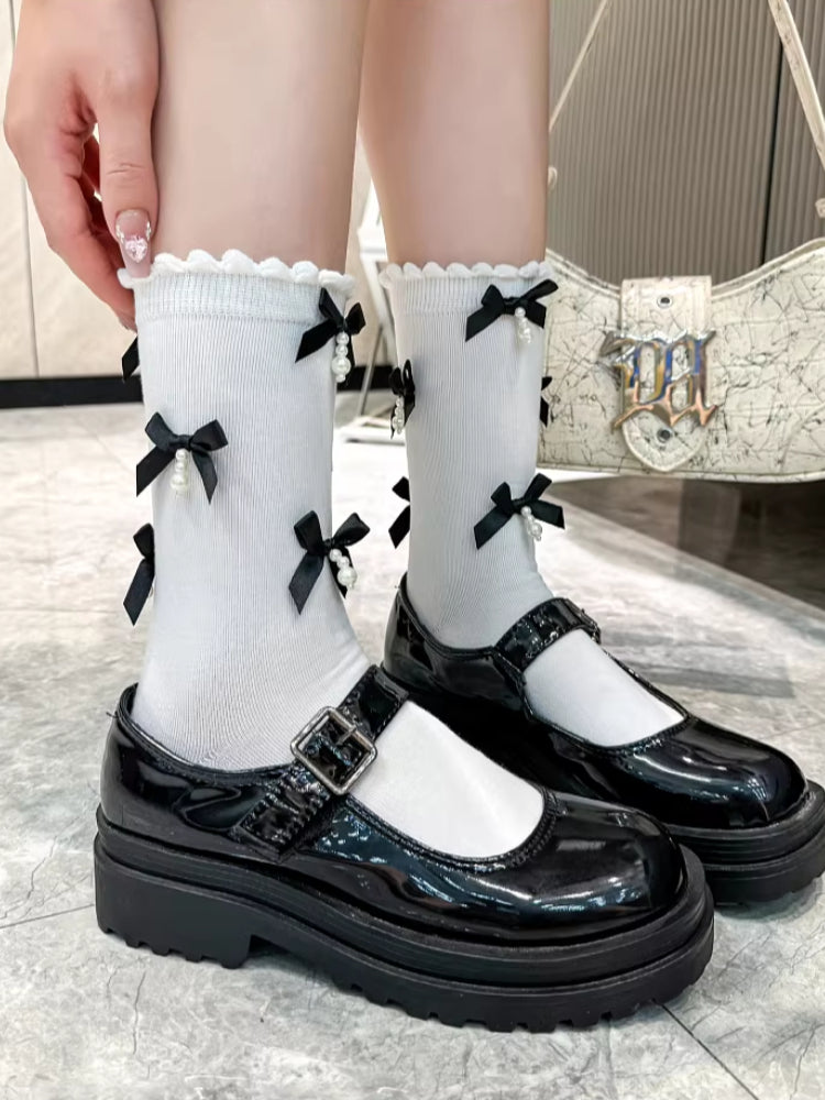 Grey knee-high socks with black satin bows and white pearl embellishments - View 12 | WEUXS