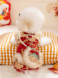 Rear view of a white dog wearing a decorative pet vest with a faux fur pocket.