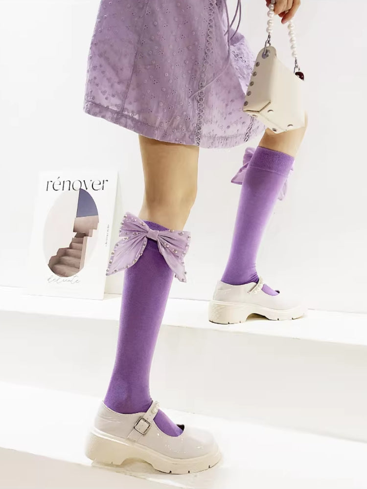 Rhinestone Bow Cotton Socks