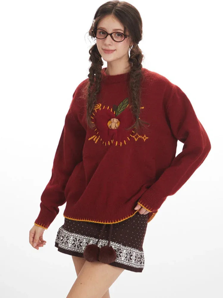 Whimsical Apple & Teddy Bear Pocket Knit Sweater - WEUXS