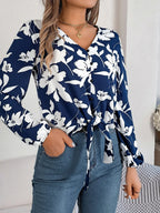 Monochrome floral tie front blouse - View 13 | WEUXS