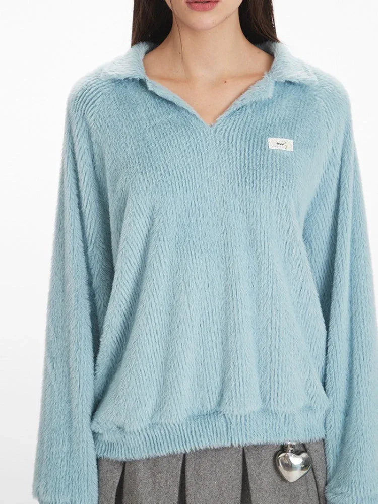 Plush Baby Blue V-Neck Collared Top - View 6 | WEUXS