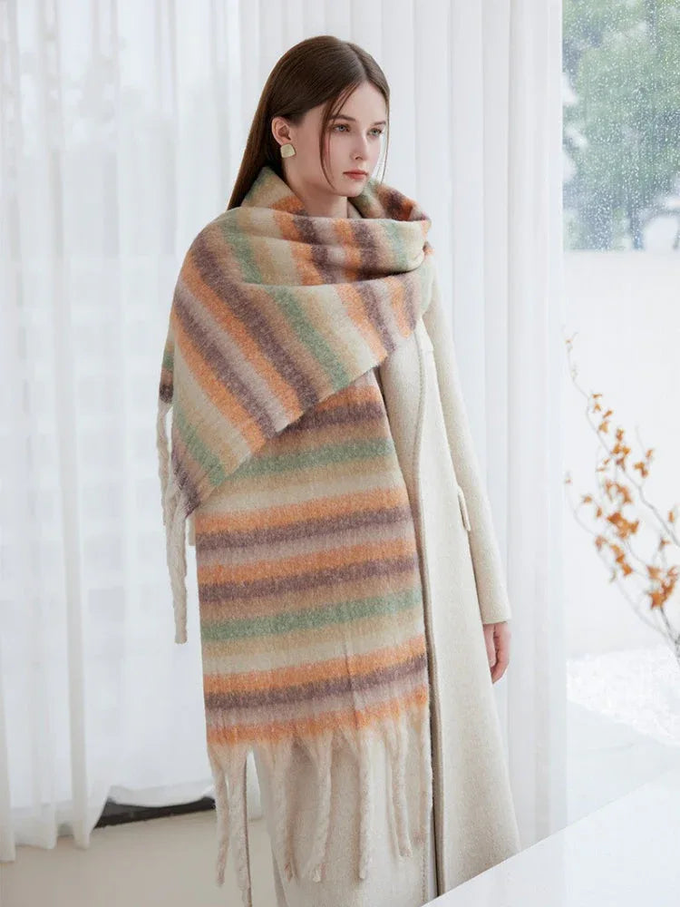 Oversized green gradient striped scarf with fringed edges - View 7 | WEUXS