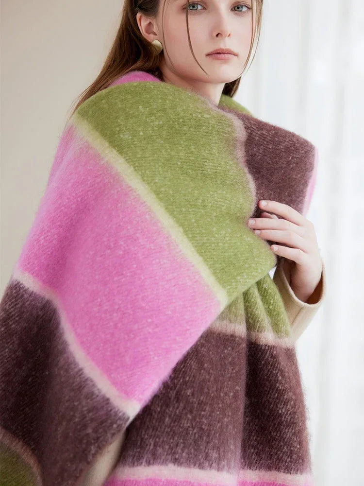 woman wearing a multi-colored striped oversized shawl scarf - View 10 | WEUXS