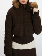 Vintage Chocolate Textured Bomber Jacket with Faux Fur Hood - View 6 | WEUXS