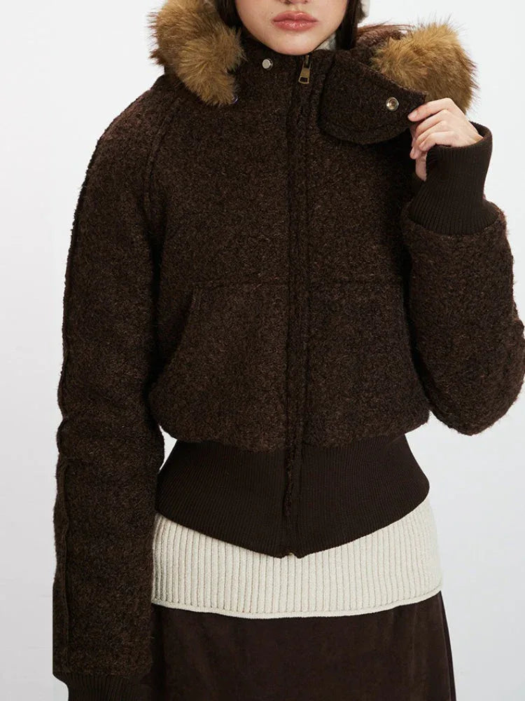 Vintage Chocolate Textured Bomber Jacket with Faux Fur Hood - View 6 | WEUXS