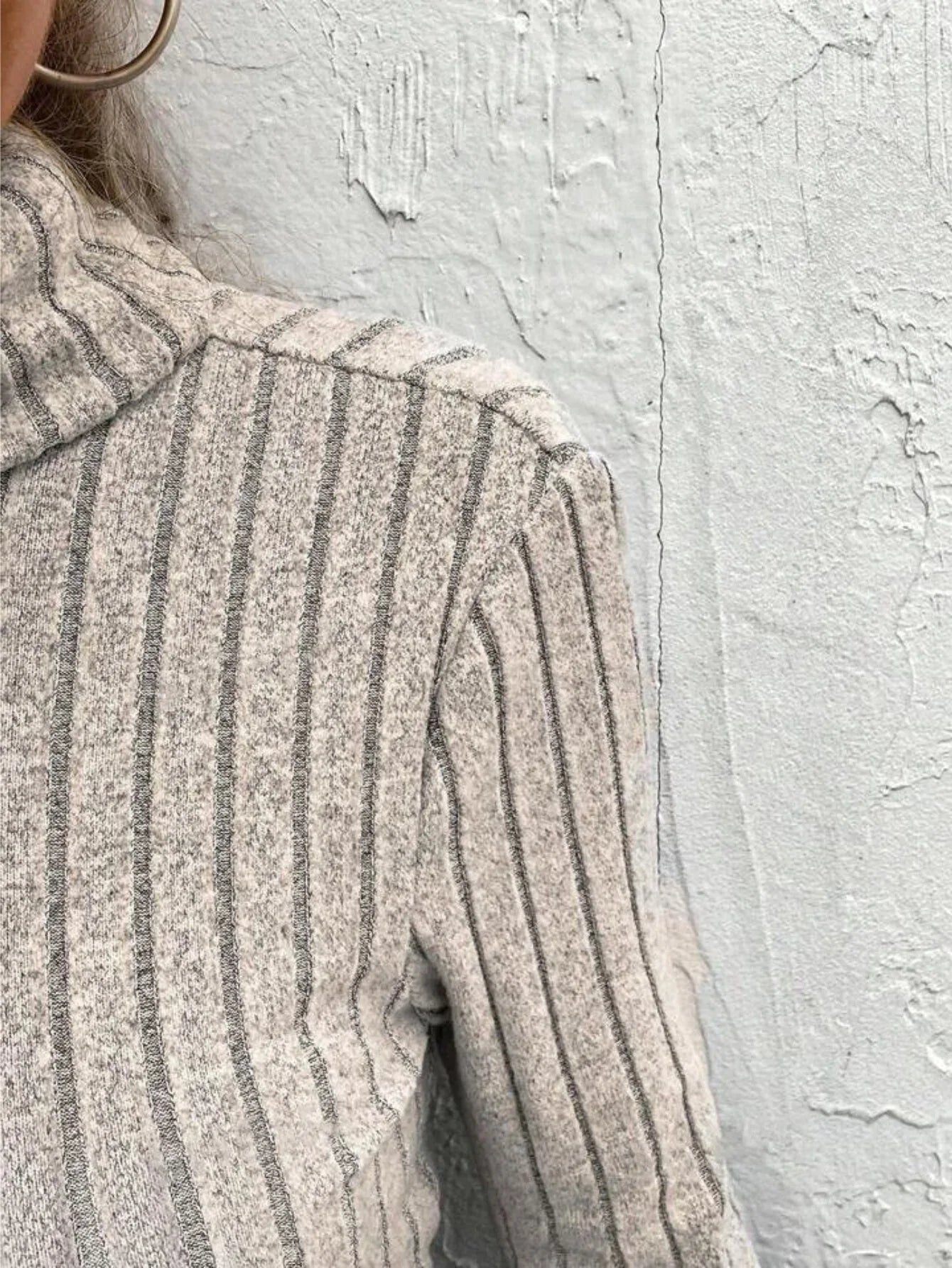 Timeless Oatmeal Ruched Turtleneck Ribbed Knit Top - WEUXS
