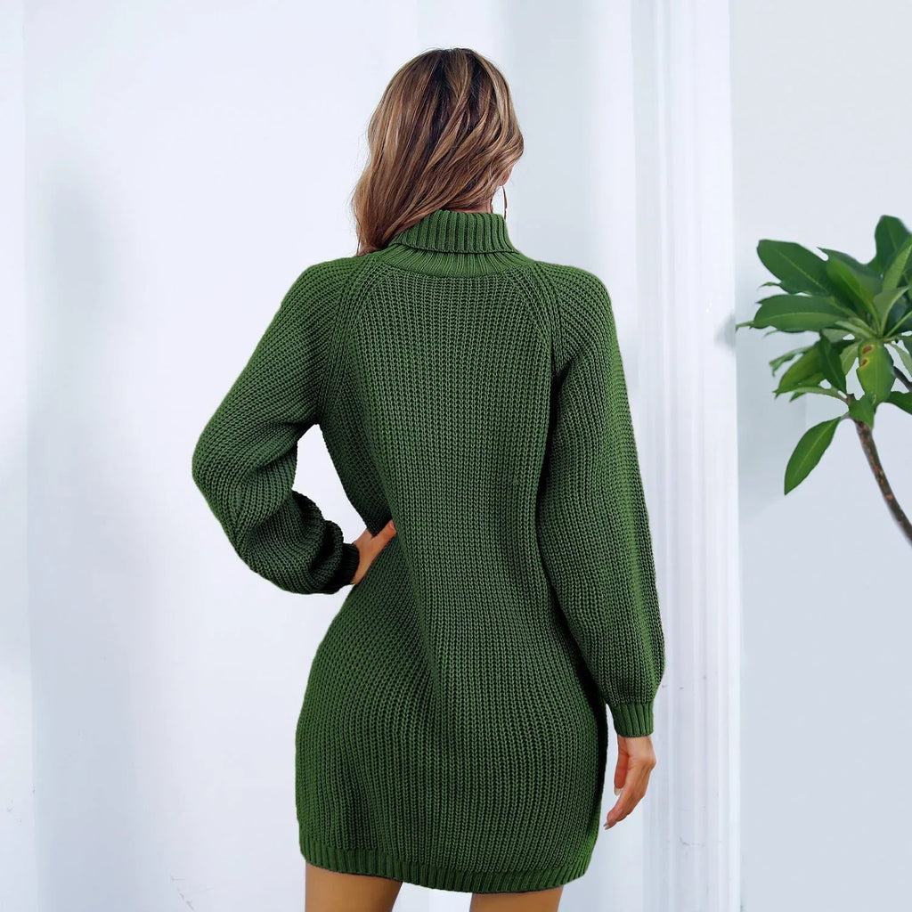 Cream White Ribbed Turtleneck Sweater Dress - View 8 | WEUXS